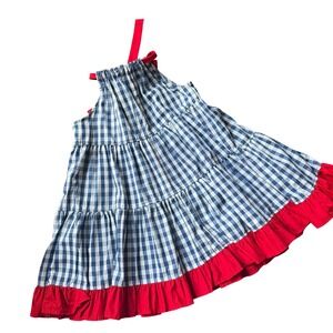 Nelly Madison Girls 5 Red Trim Blue Gingham Tiered Dress Patriotic USA Made